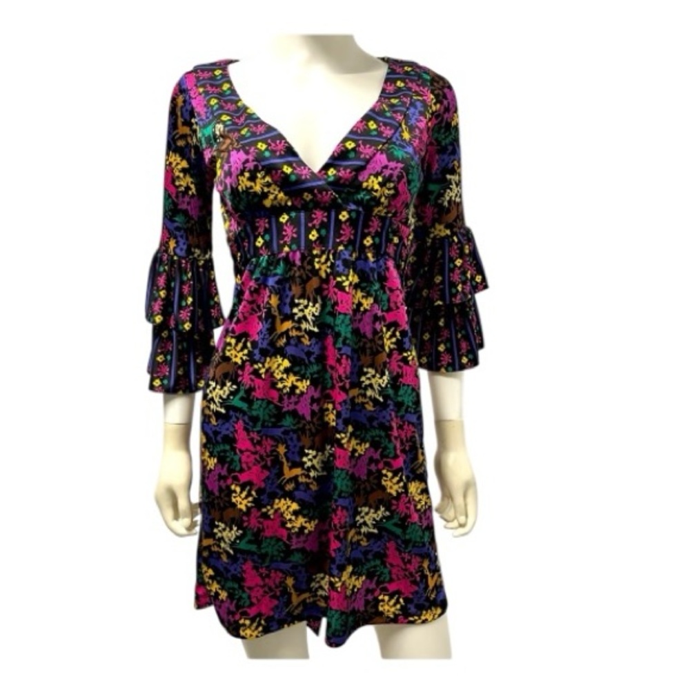 VTG Betsey Johnson Mini Dress Women 2 Black Graphic Jersey Knit Ruffles - Picture 3 of 10
